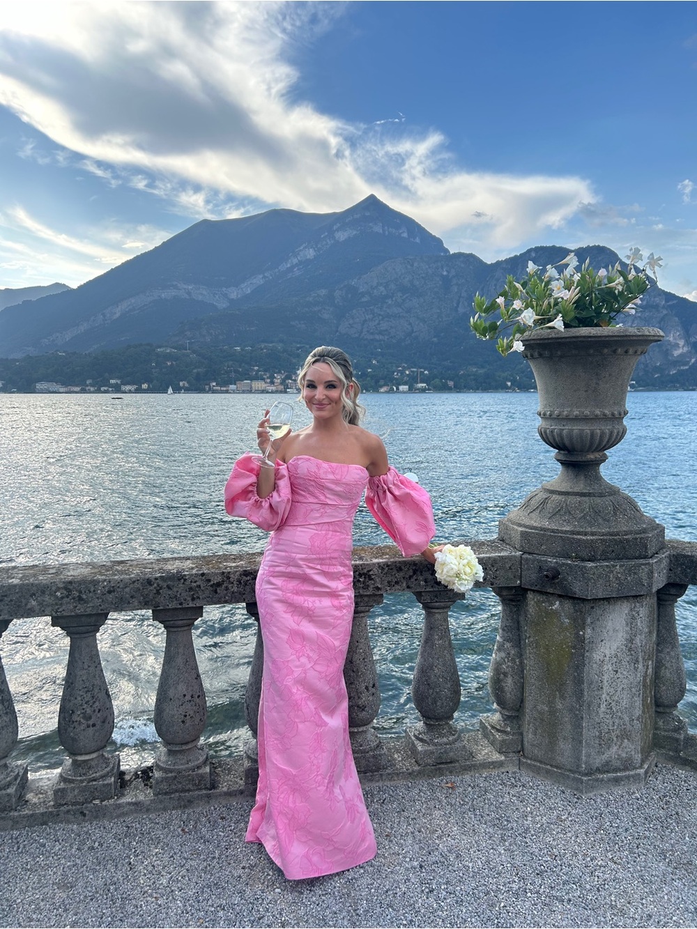 Custom Anne Barge Pink Evening Gown with Puff Sleeve Detail